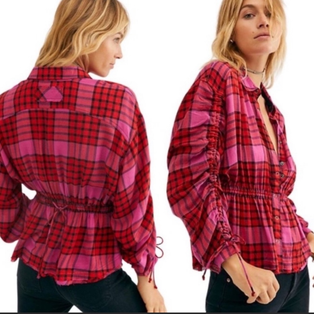 WOMENS FREE PEOPLE RED COMBO BLOUSE RED/PINK SIZE L